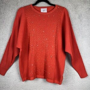 LIV Milano Sweater Womens Small Orange Ribbed Knit Rhinestone Soft Girl Dainty